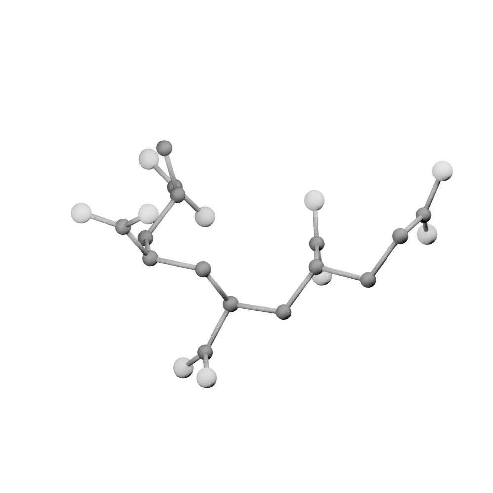 Illustrative Blender render of a bent carbon-chain oligomer conformation with carboxyl side groups