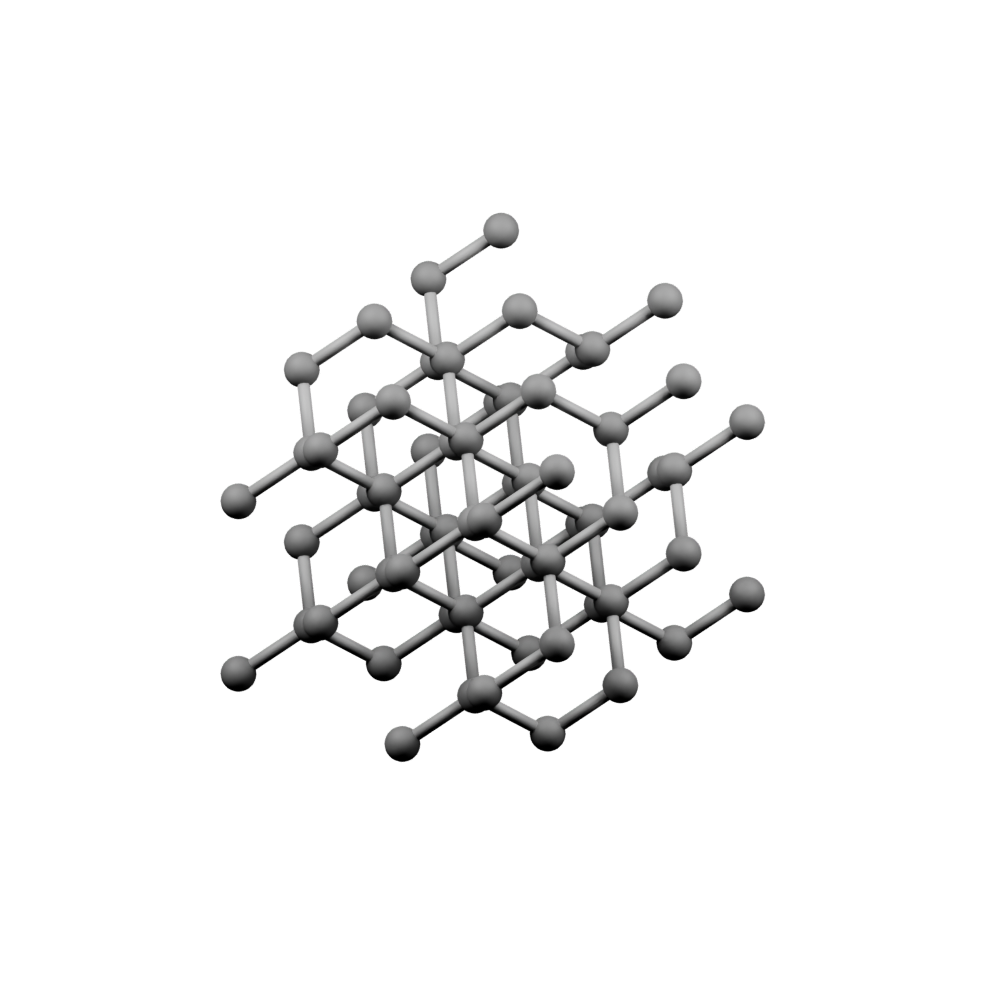 Illustrative Blender render of a diamond-cubic silicon lattice with one vacant site